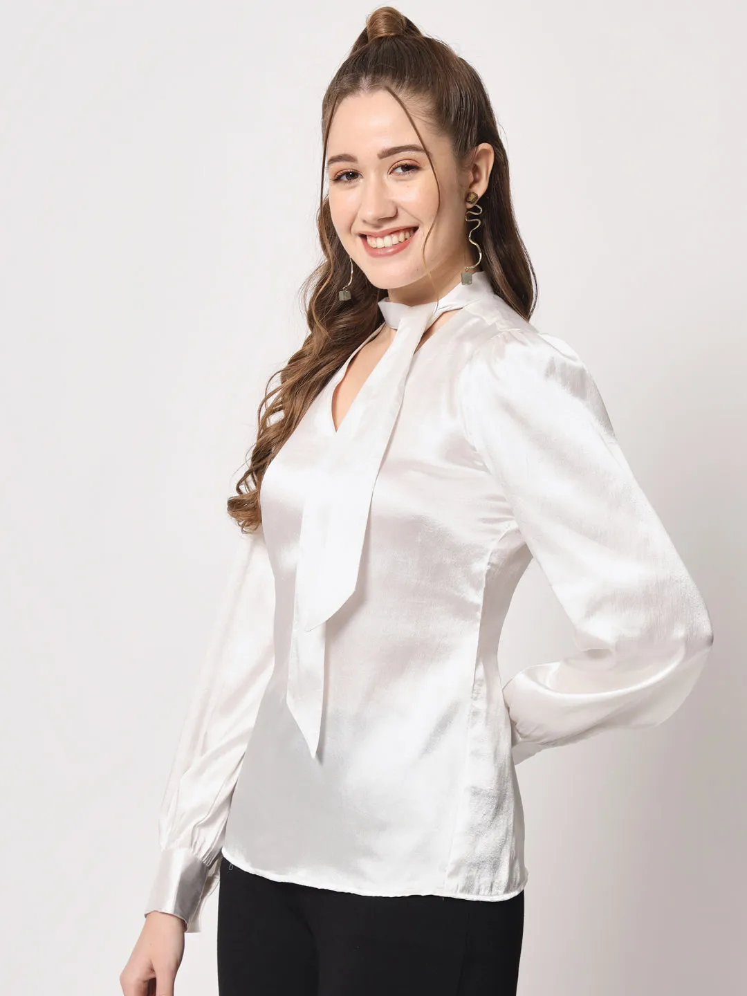 Tie-Up Neck Cuffed Sleeves Satin Top