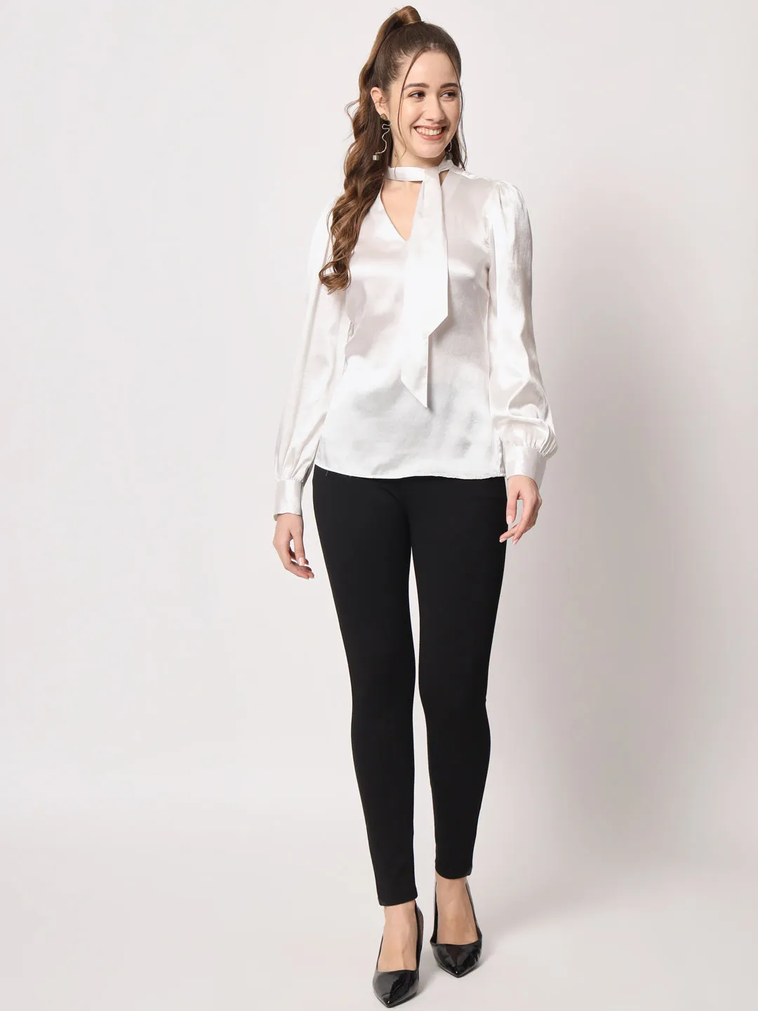 Tie-Up Neck Cuffed Sleeves Satin Top