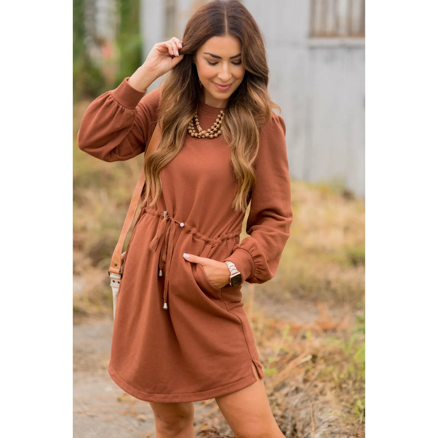 Tie Waist Pocket Sweatshirt Dress