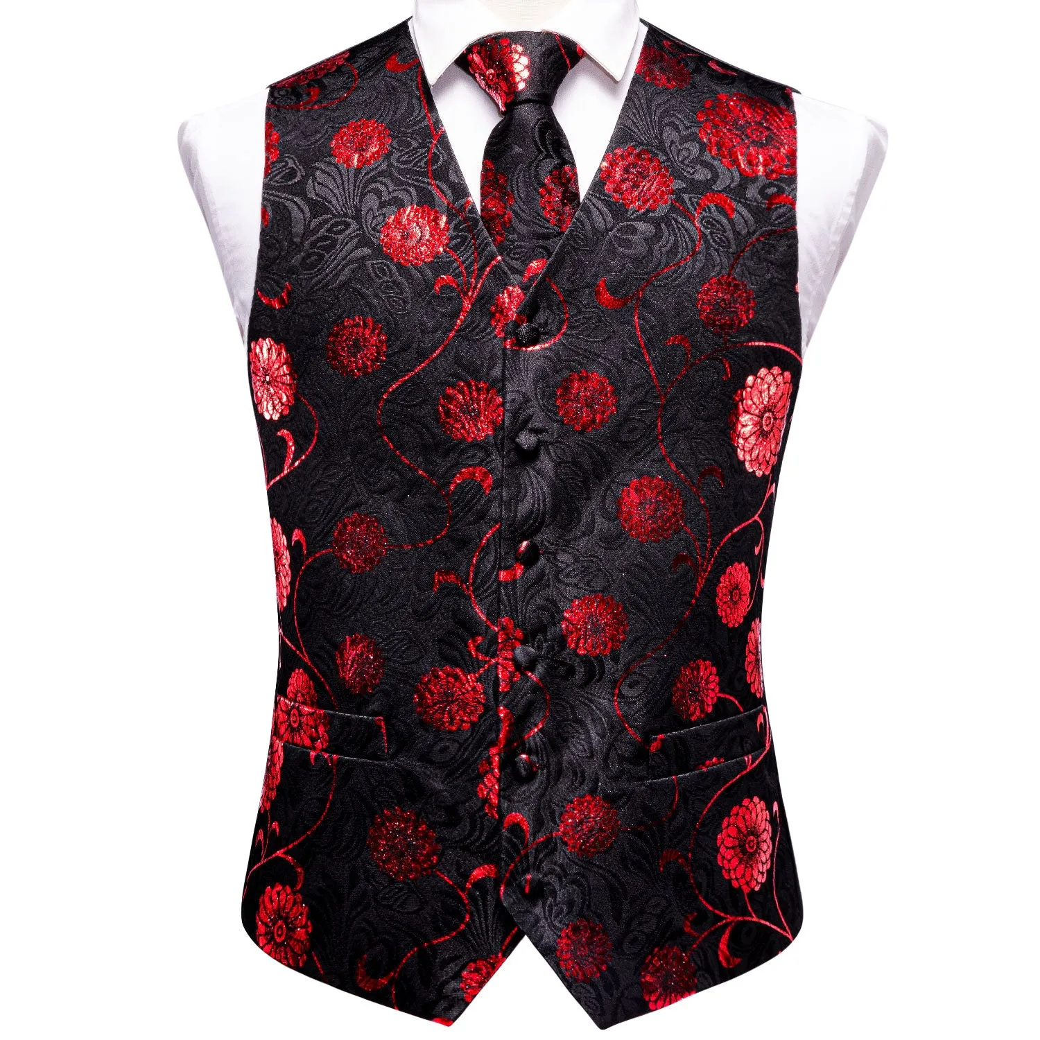 Ties2you Black Suit Vest Red Floral Men's Vest Tie Hanky Cufflinks Set Fashion