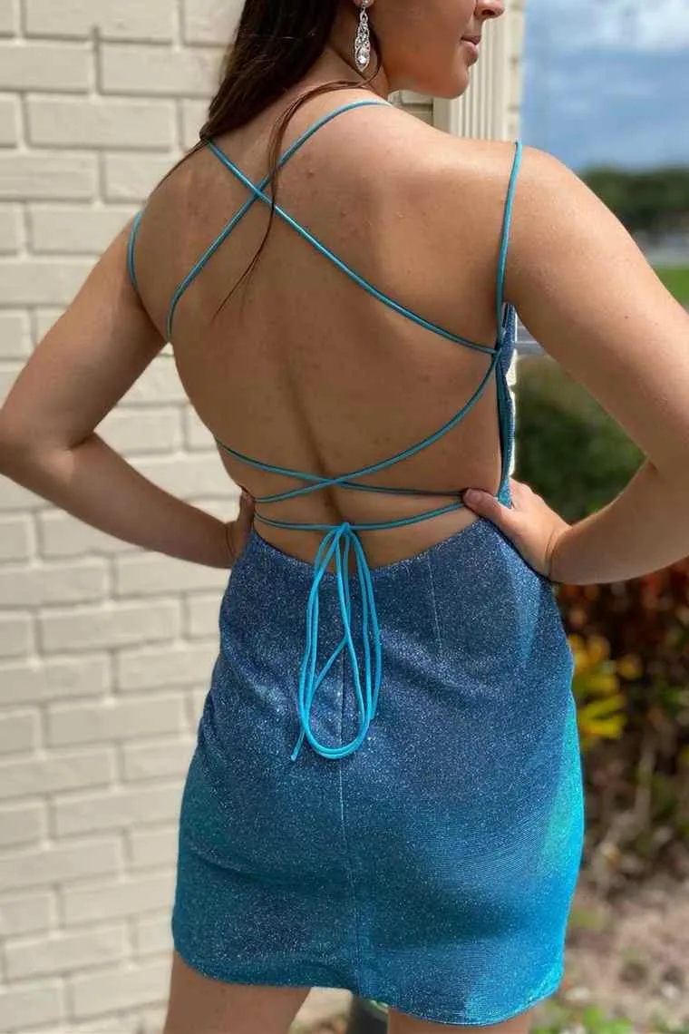 Tight Blue Short Homecoming Dress with Lace Up Back