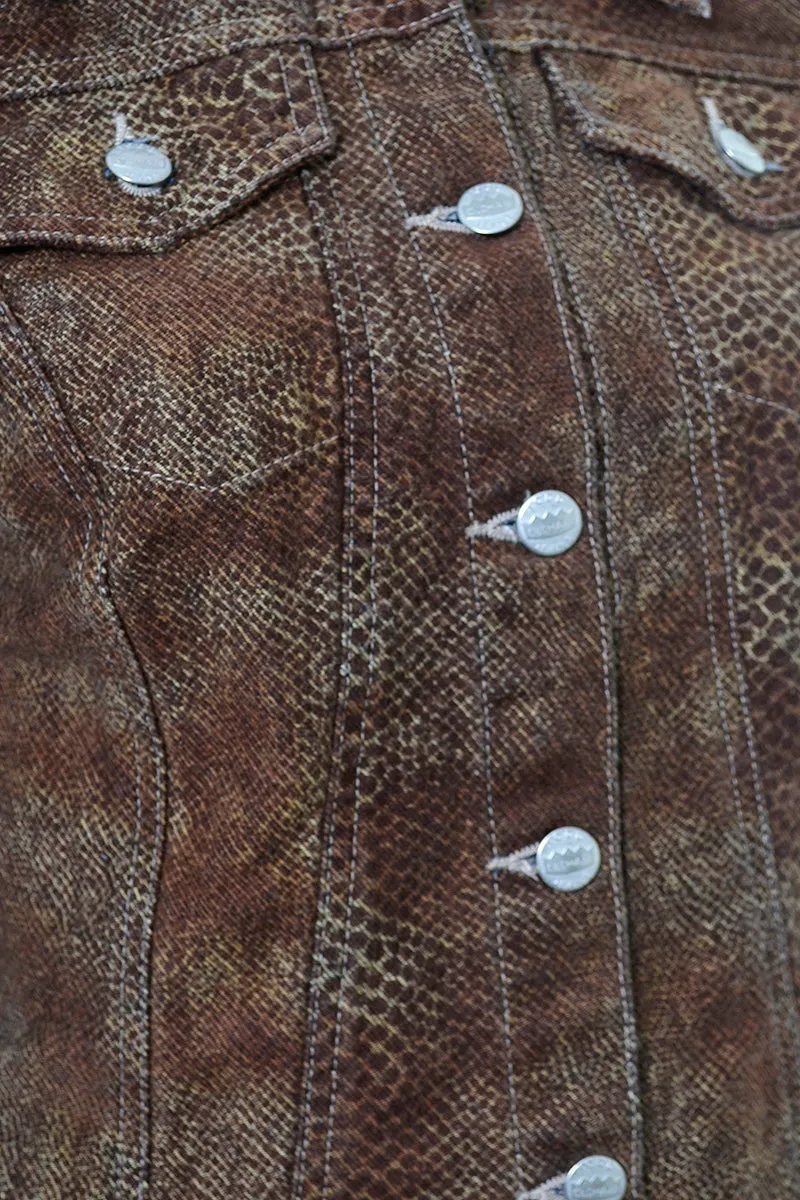 Todd Oldham Vintage Brown Snakeskin Print Denim Jacket