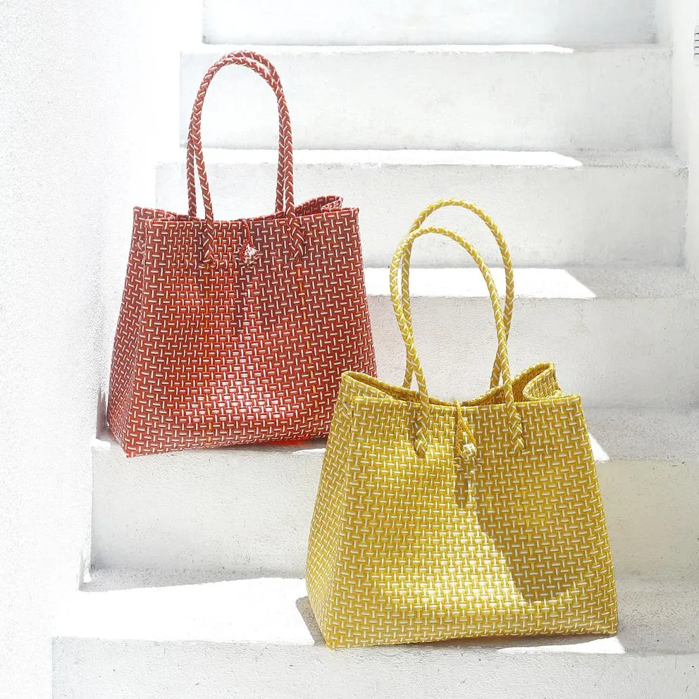 Toko Recycled Woven Tote Bag, in Mustard Yellow & White