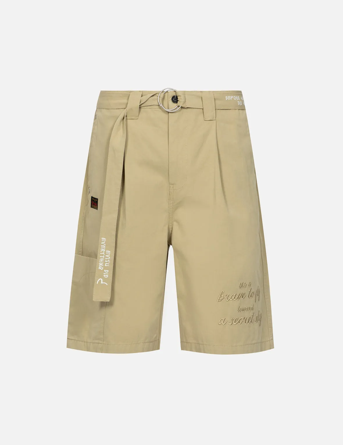 Tone-on-tone Kamon and Slogan Embroidery Cargo Shorts