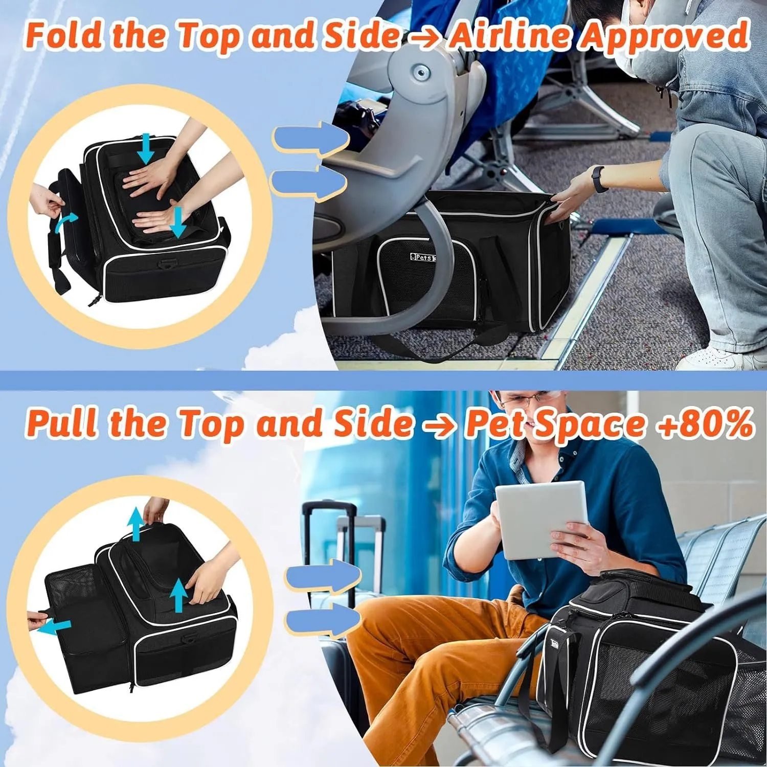 Top And Side Extendable Pet Carrier Box Airline Approved, Soft Surface Carrier Box Small Cat And Dog