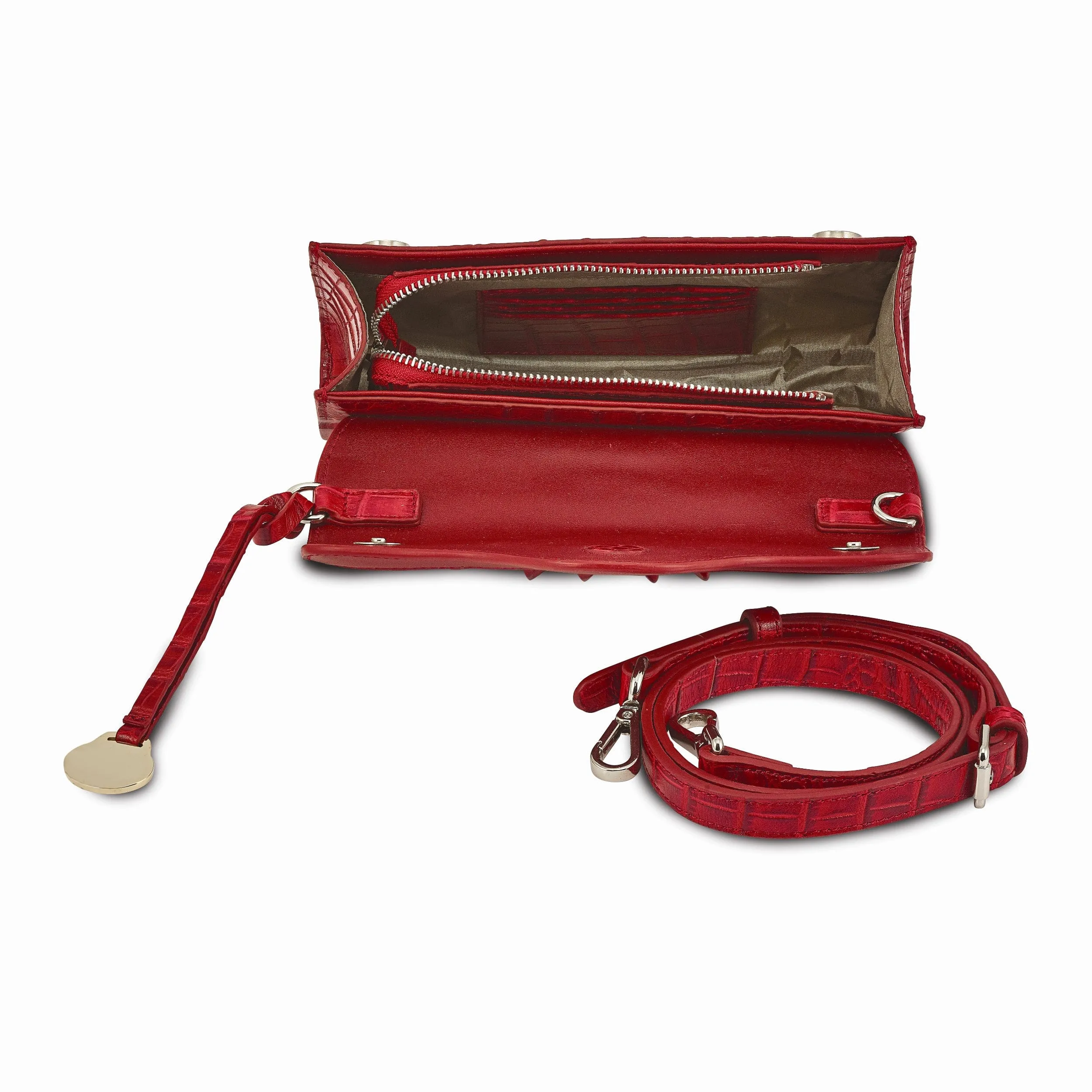 Top Grain Leather Croc Texture Red Clutch Crossbody Bag