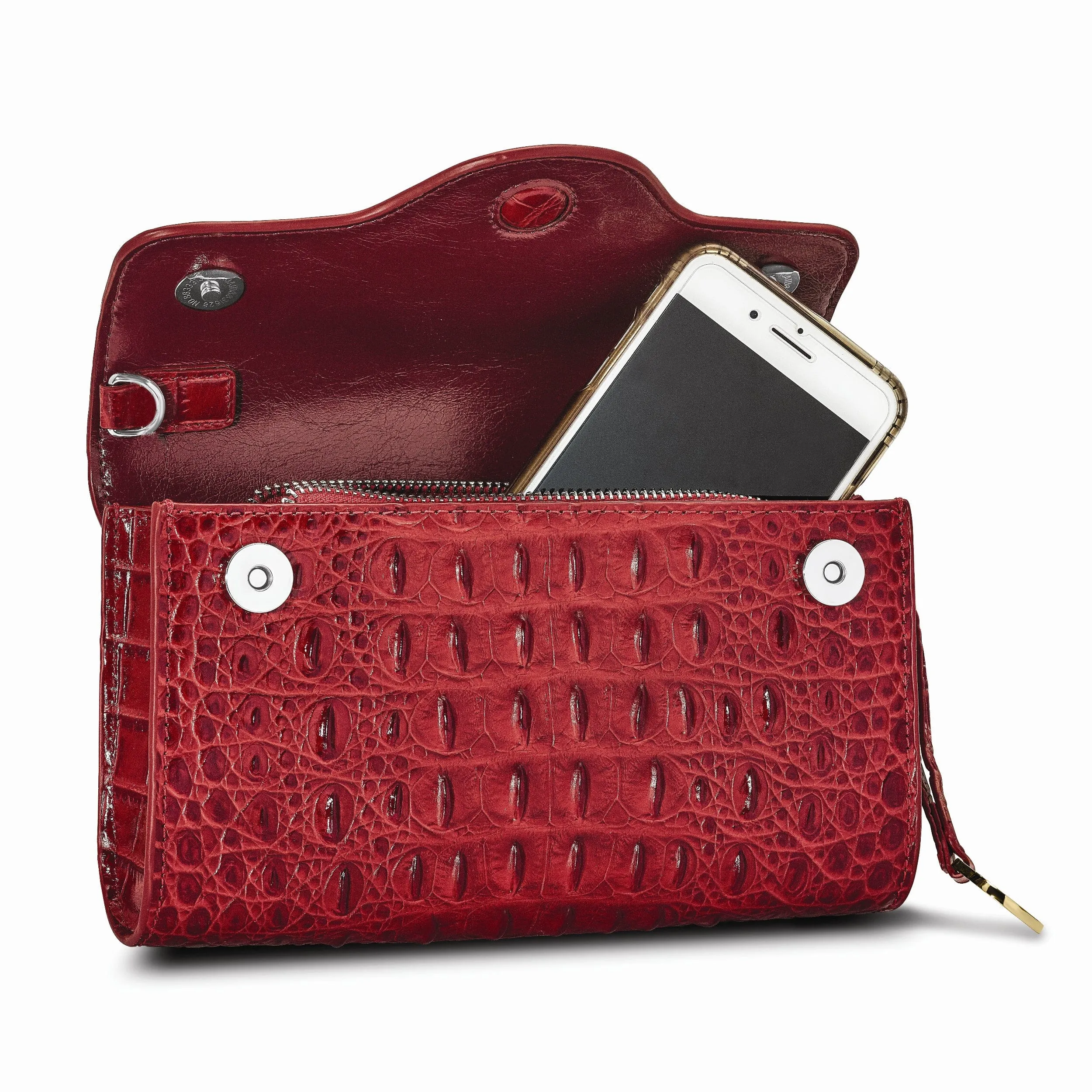 Top Grain Leather Croc Texture Red Clutch Crossbody Bag