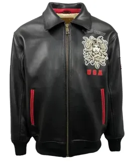 Top Gun Medusa Logo Black Leather Jacket