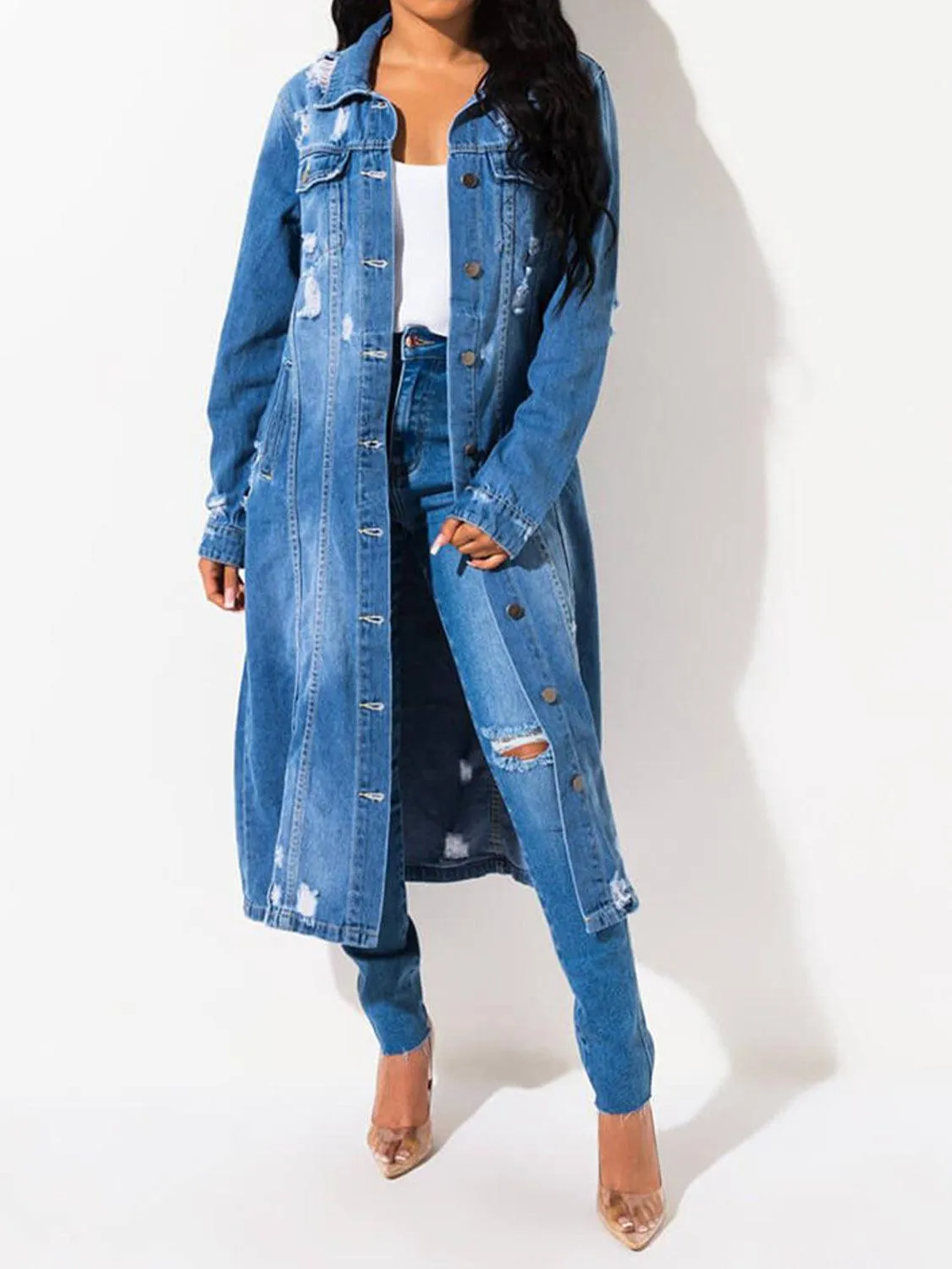 Tori Long Distressed Denim Jacket