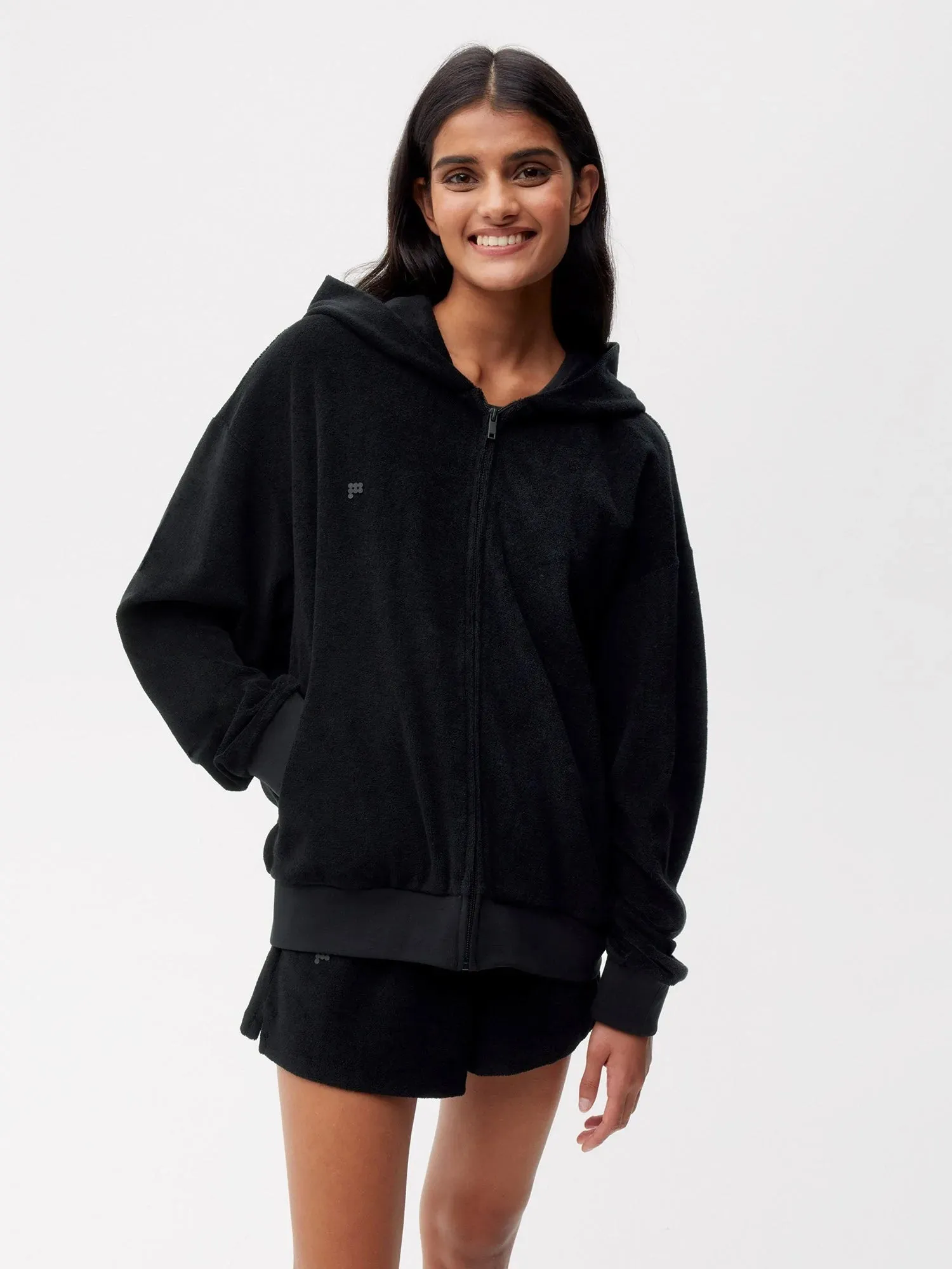 Towelling Zipped Hoodie—black