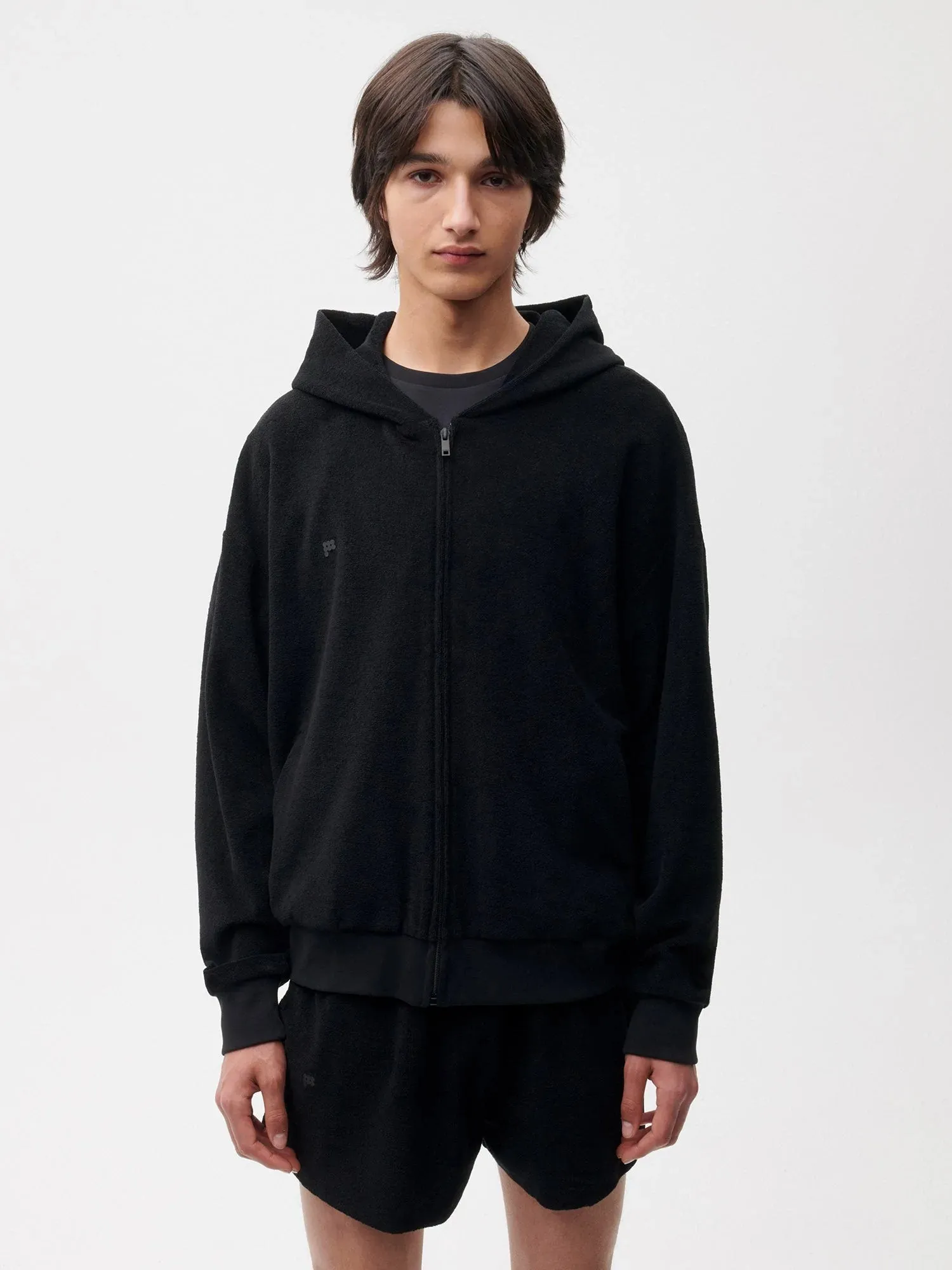 Towelling Zipped Hoodie—black