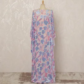 Traditional Somali Dirac Silk Blended Velvet Chiffon Fabric in Pink and Blue Floral Design, 3.5 Meters, 140 cm Width-D20595