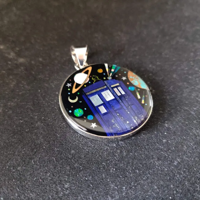 Travel Through Time and Space with Our TARDIS Inlay Sterling Silver Pendant - Featuring Lazuli Lapis, Turquoise, Mother of Pearl, and Lab Opal