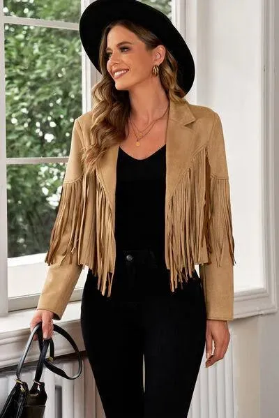 Trend Alert: Fringe Trim Lapel Collar Cropped Blazer for Chic Fashionistas