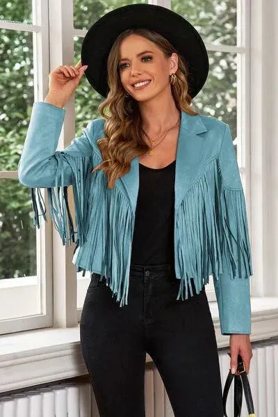 Trend Alert: Fringe Trim Lapel Collar Cropped Blazer for Chic Fashionistas