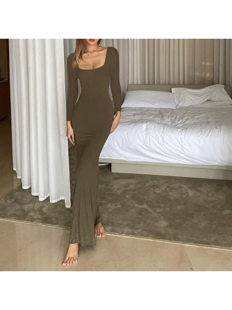 Trendy Ladies Solid Long Sleeve Maxi Dress