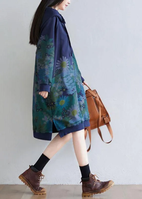 Trendy Navy Hooded Pockets Print Side Open Fall Sweatshirts Dress