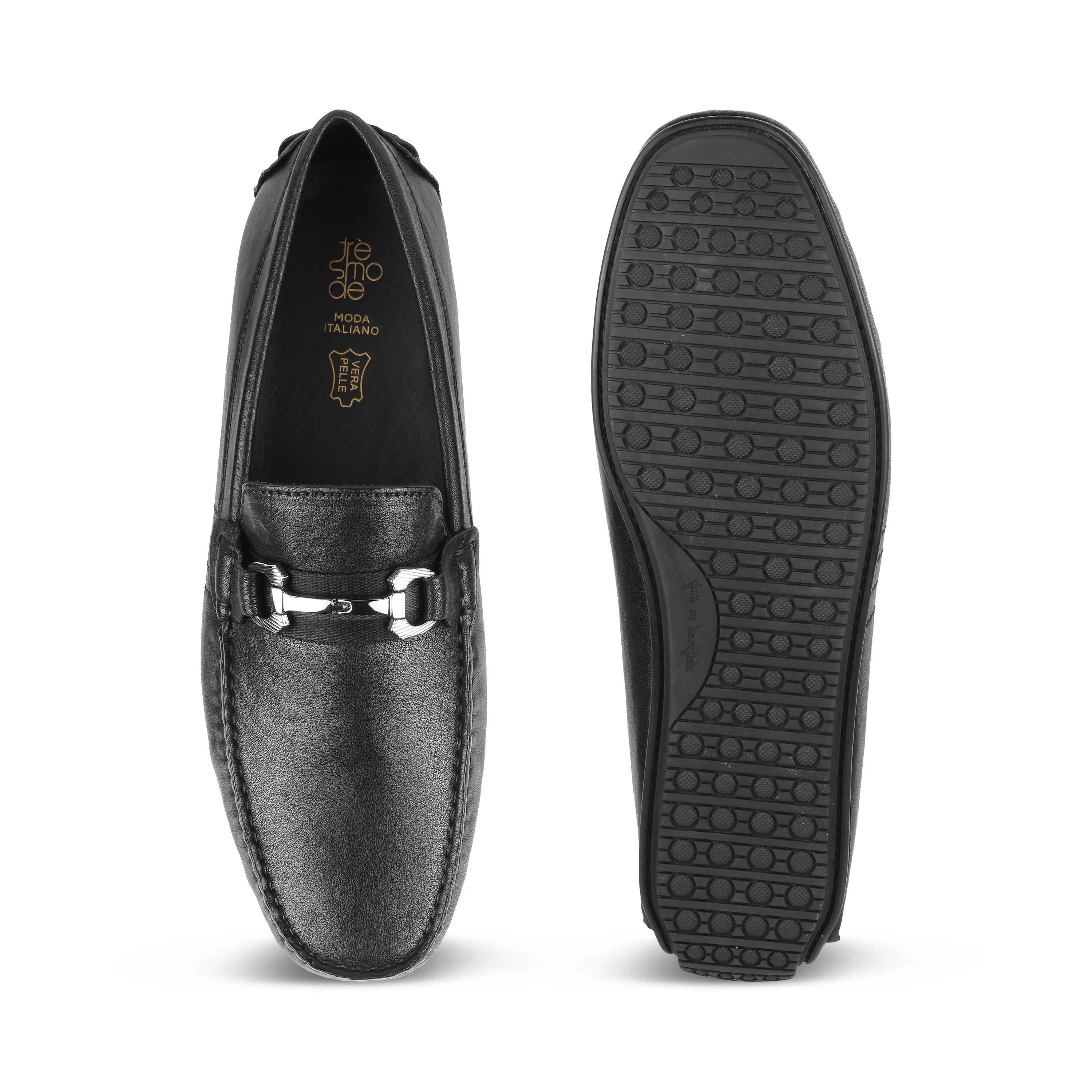 Tresmode Leavre Black Men's Leather Driving Loafers