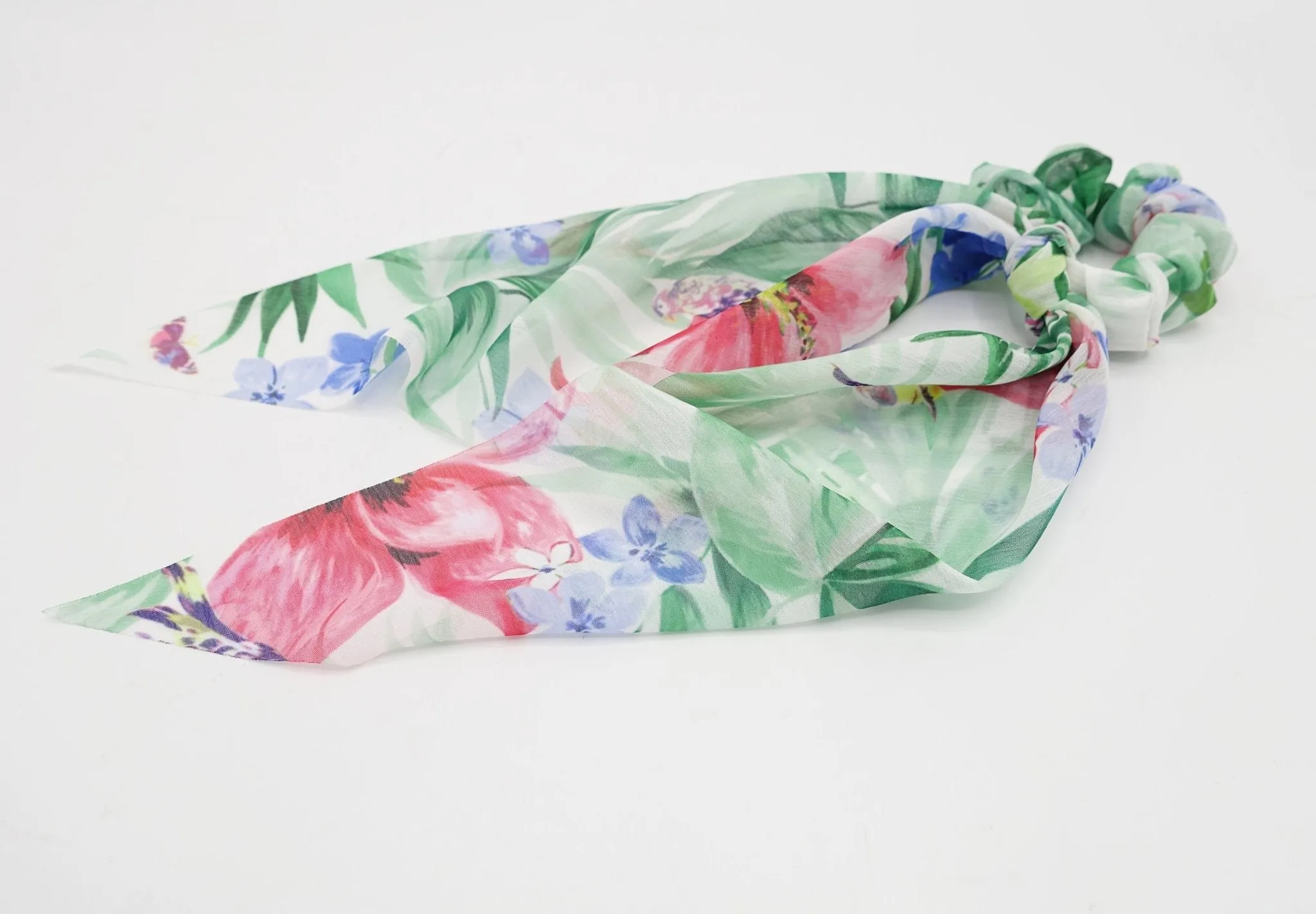 tropical colorful print chiffon tail knot scrunchies plant flower hair elastic scrunchy