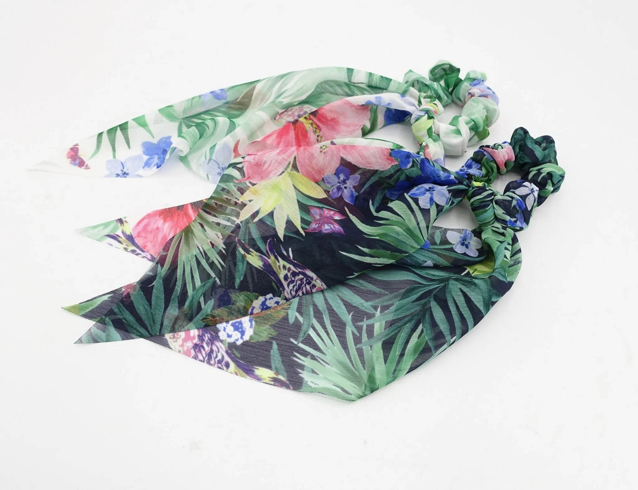 tropical colorful print chiffon tail knot scrunchies plant flower hair elastic scrunchy