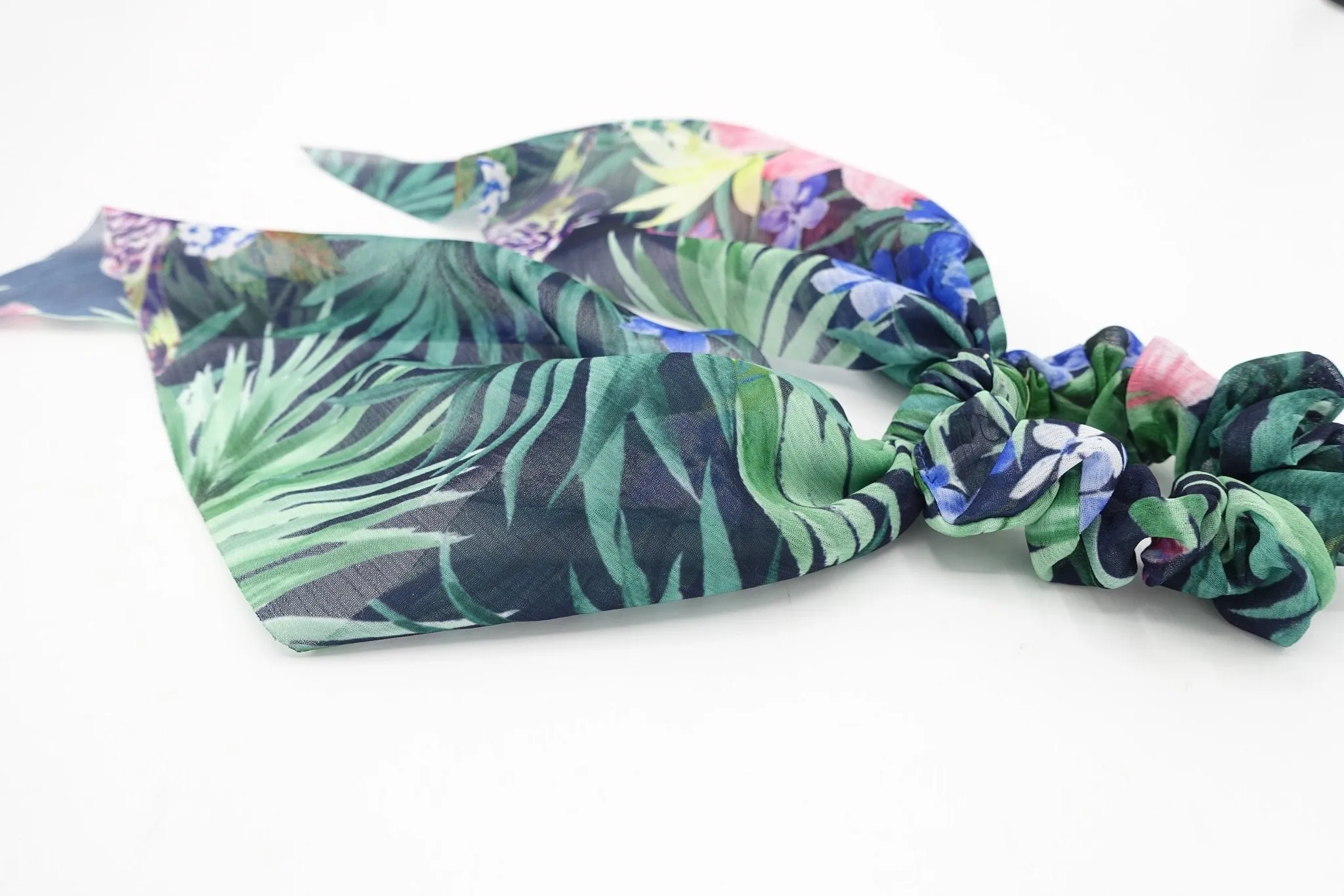 tropical colorful print chiffon tail knot scrunchies plant flower hair elastic scrunchy