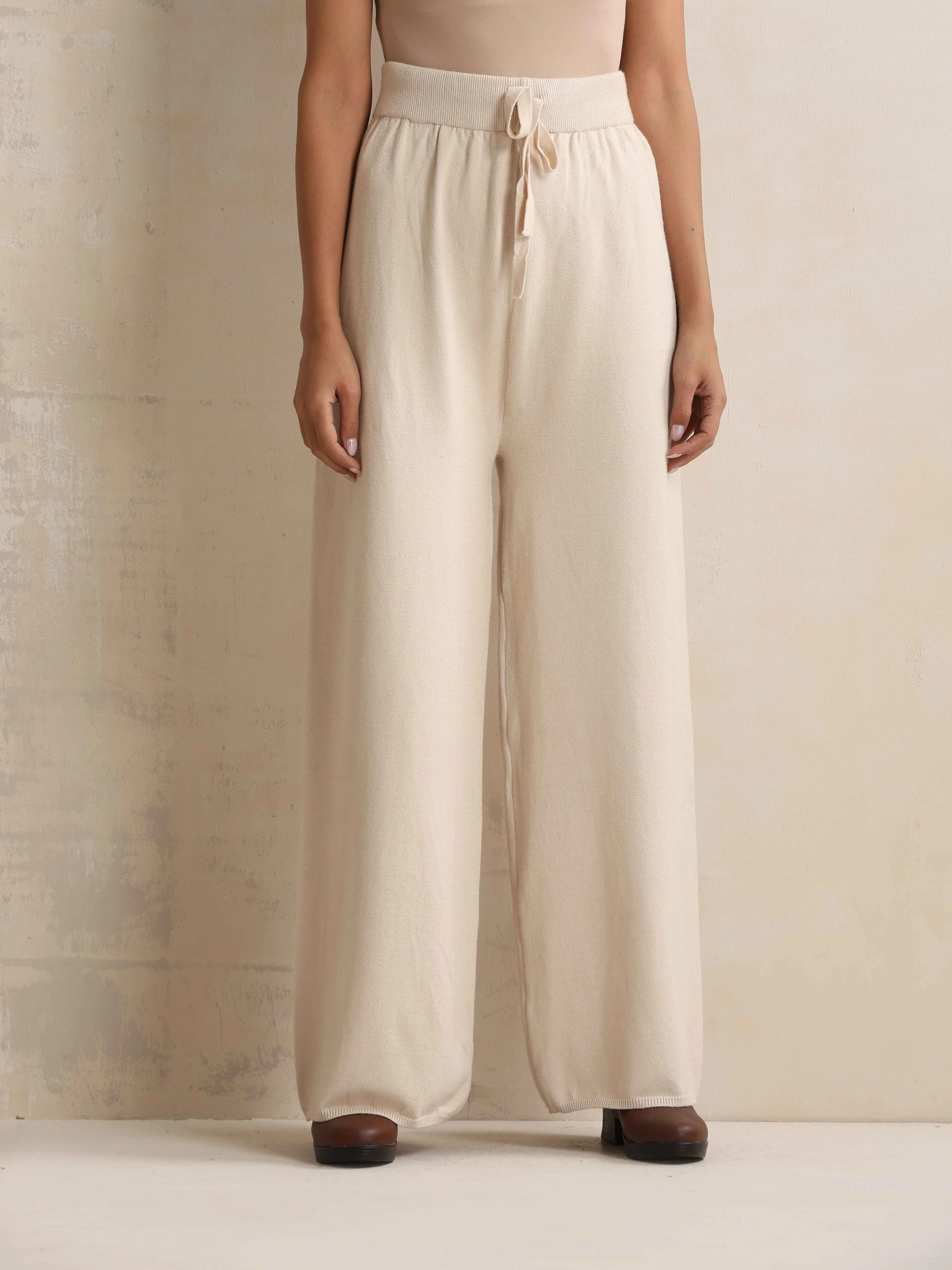 trueBrowns Ivory Woollen Flared Pants