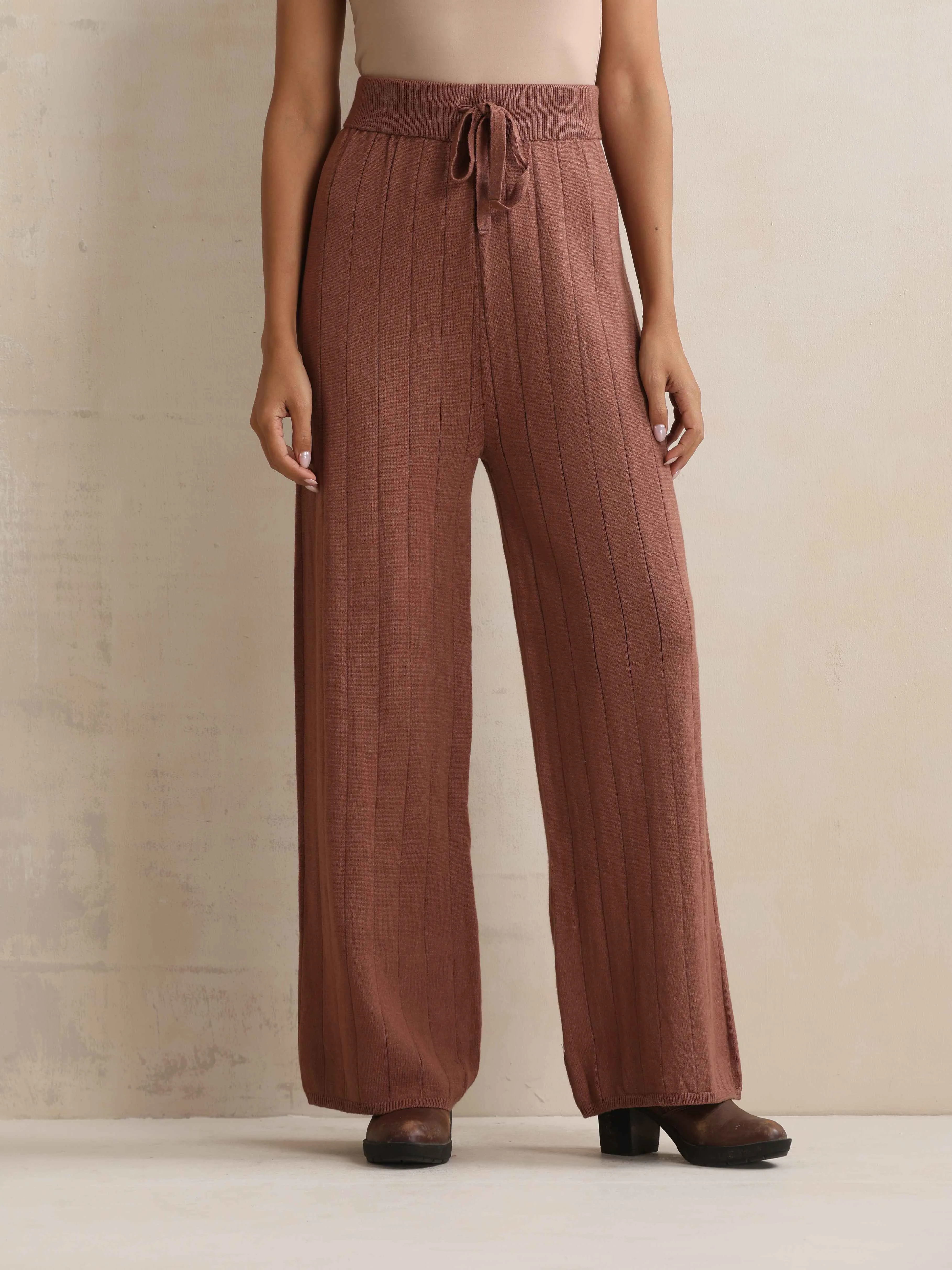 trueBrowns Peach Woollen Flared Pants