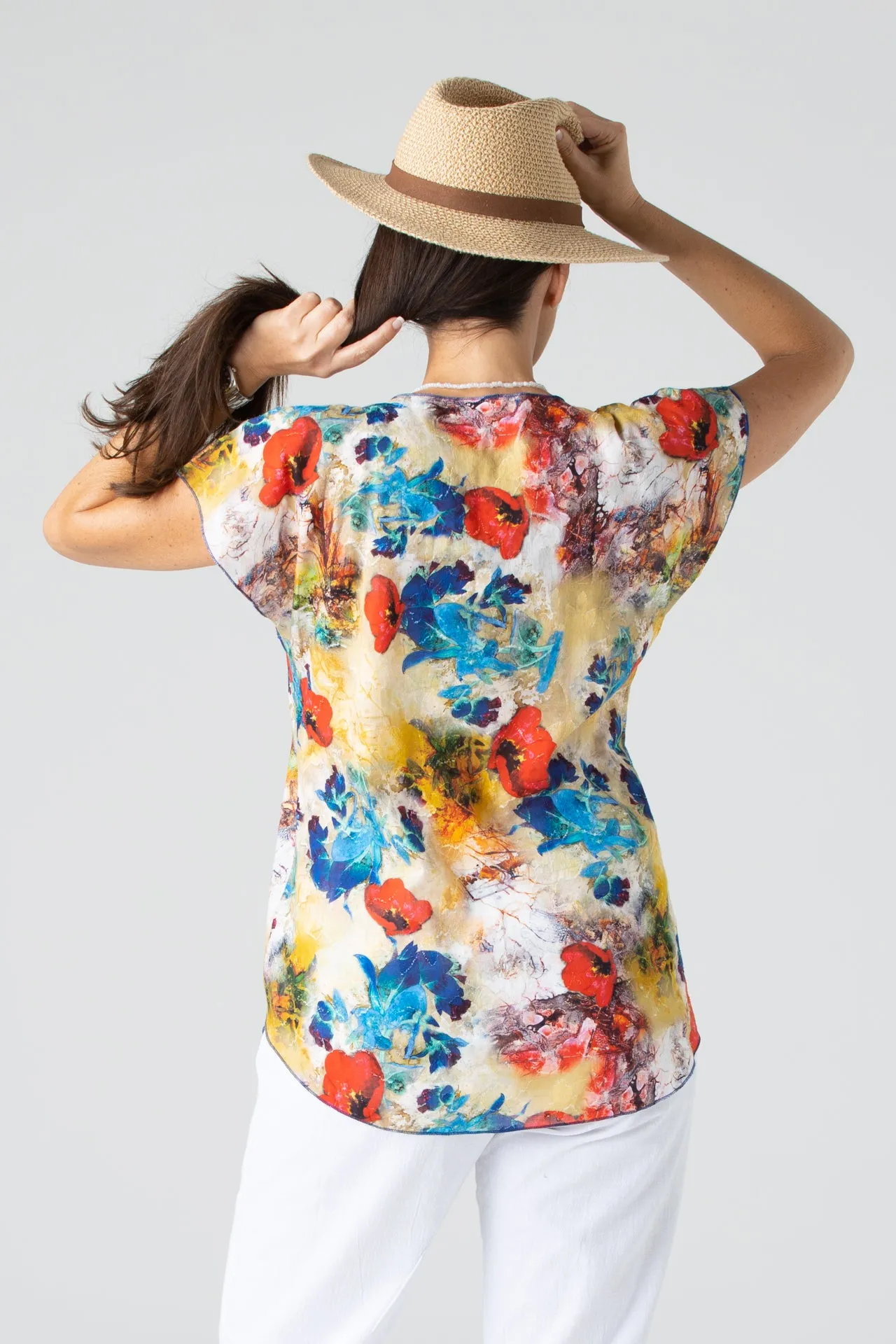 Tulip Print Short Sleeve Non-Crush Jacquard Cotton Top