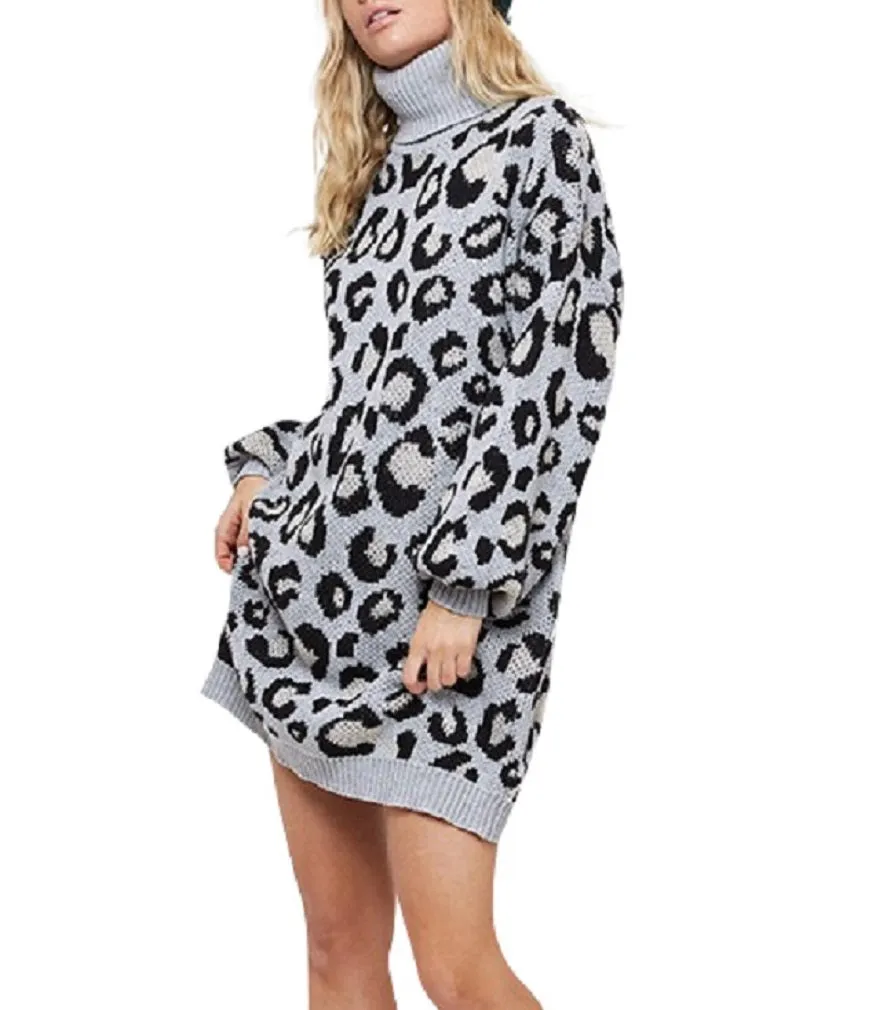 tunic Long Sleeve Leopard Turtleneck Sweater Mini Dress STYLISH TRENDY