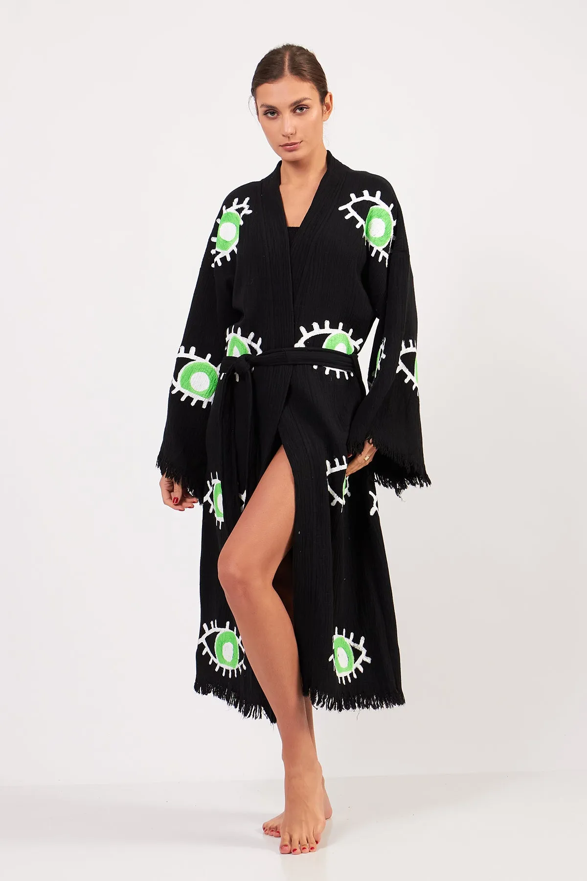 Turkish Towel Kimono Bathrobe Eye Design Green on Black