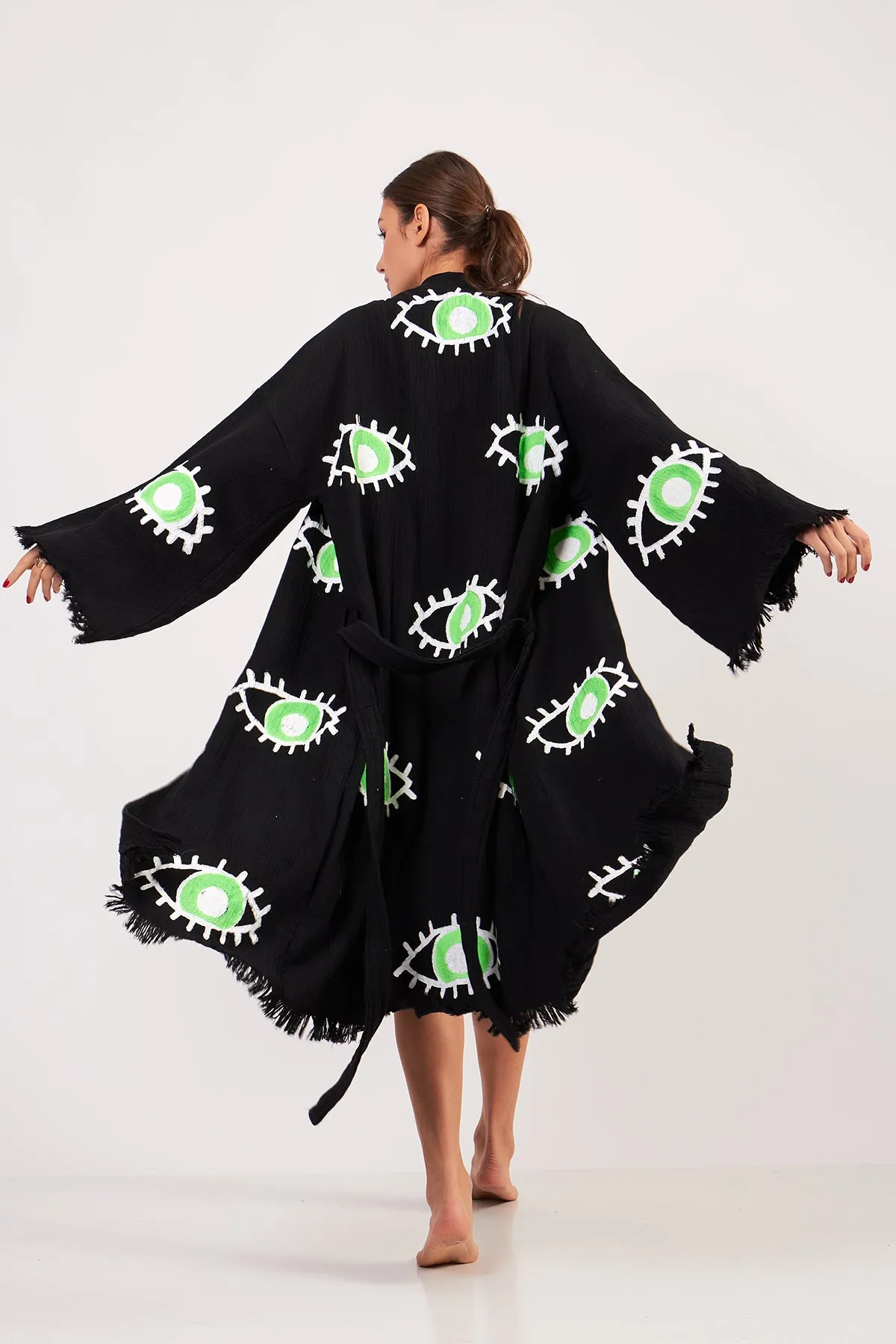 Turkish Towel Kimono Bathrobe Eye Design Green on Black