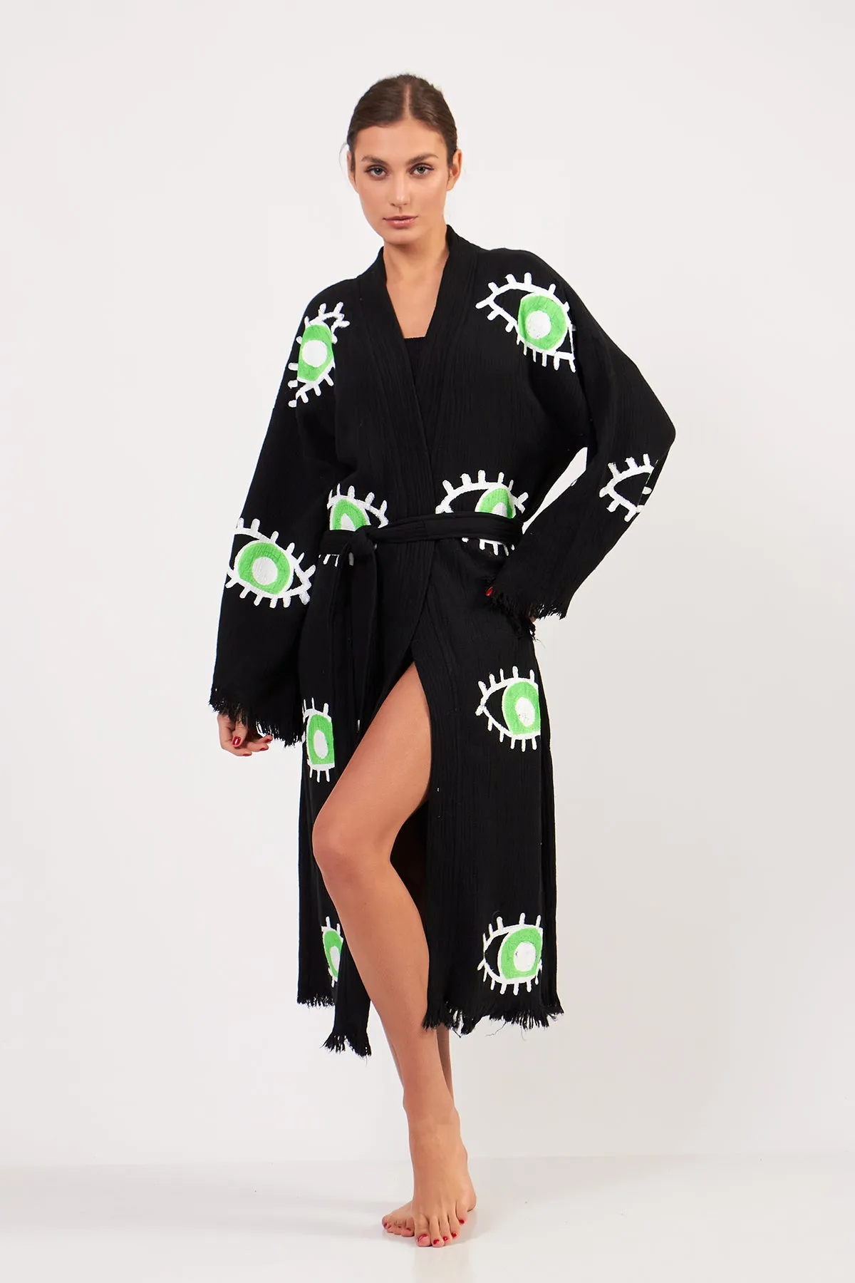 Turkish Towel Kimono Bathrobe Eye Design Green on Black