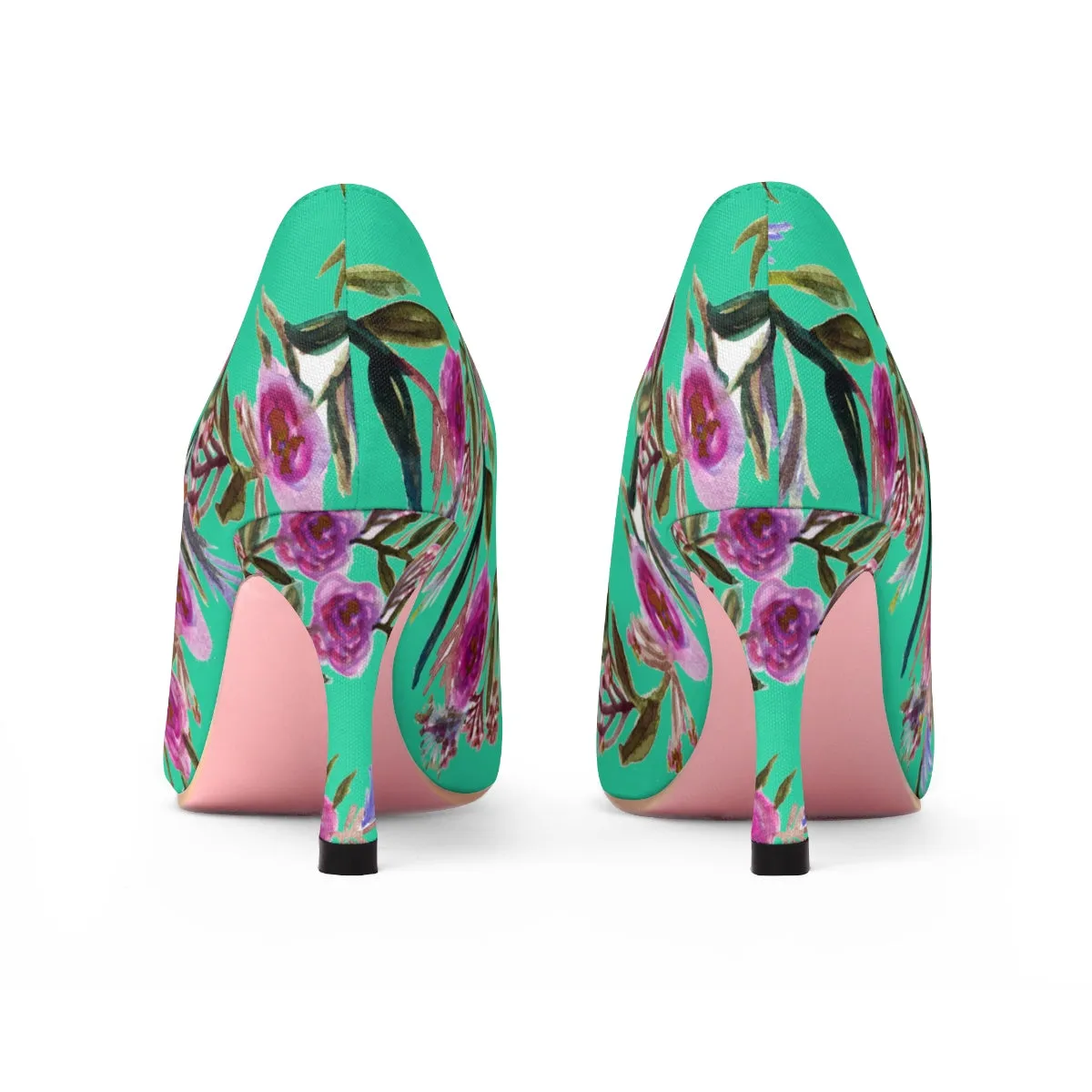 Turquoise Blue Floral Heels, Garden Purple Pink Rose Designer Women's 3" High Heels