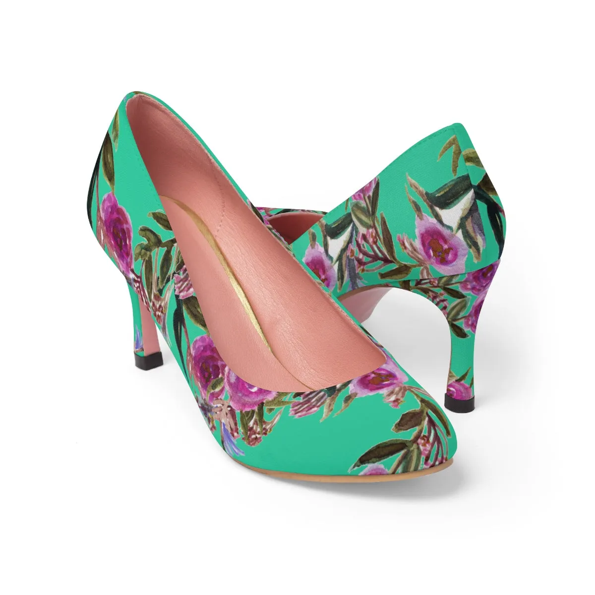 Turquoise Blue Floral Heels, Garden Purple Pink Rose Designer Women's 3" High Heels