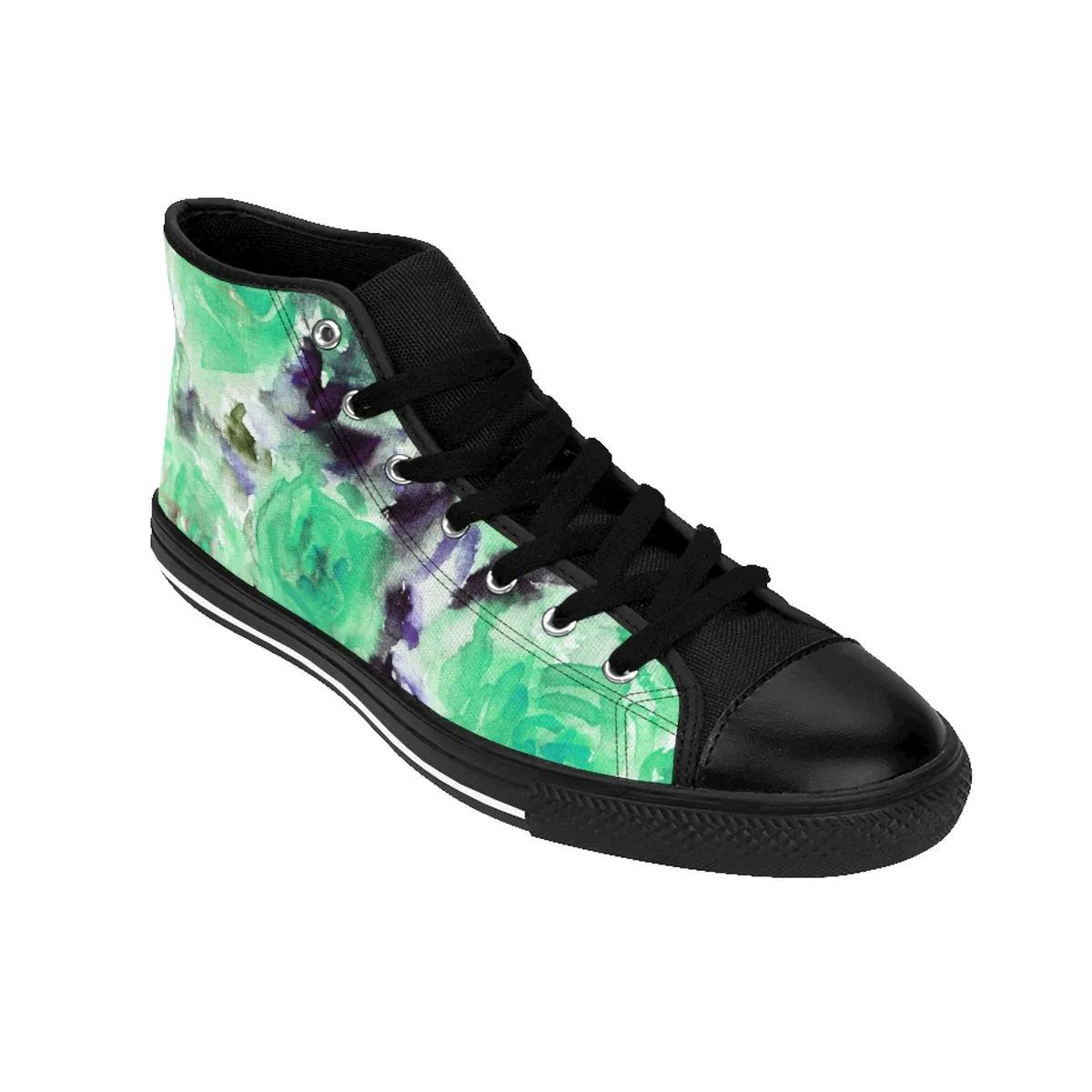 Turquoise Blue Floral Men's High Tops, Abstract Rose Print Designer High-top Sneakers Tennis Shoes