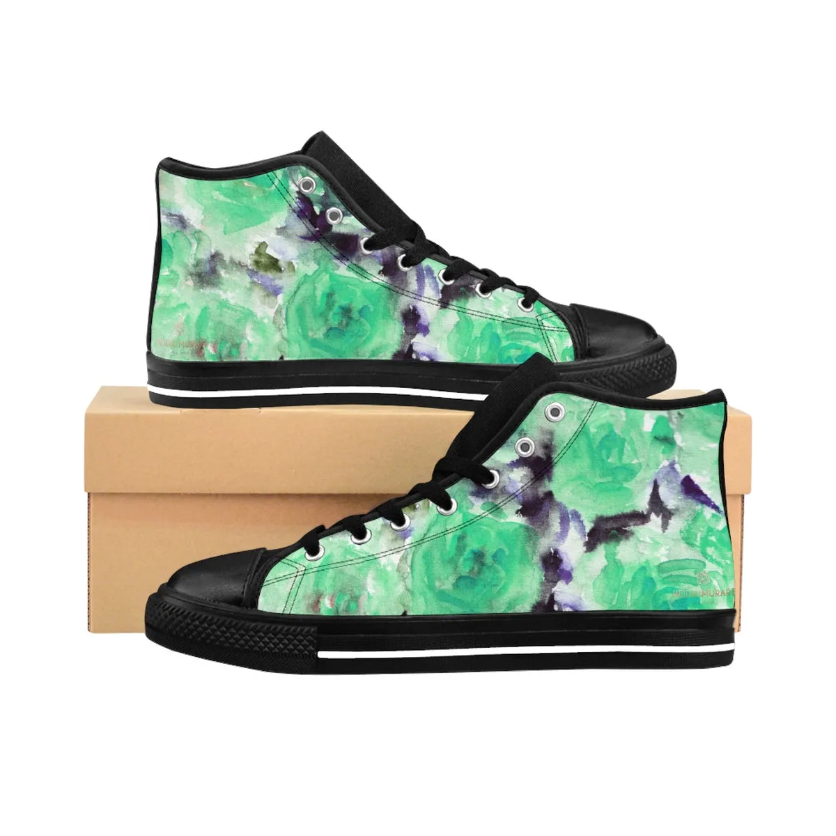 Turquoise Blue Floral Men's High Tops, Abstract Rose Print Designer High-top Sneakers Tennis Shoes