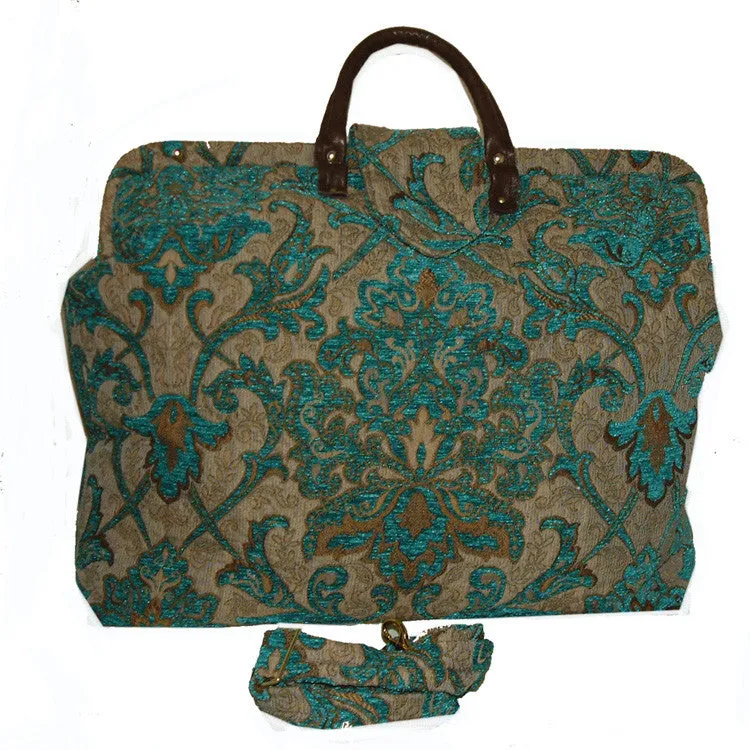 TURQUOISE MEDALLION ON TAN CHENILLE TAPESTRY CARPET BAG