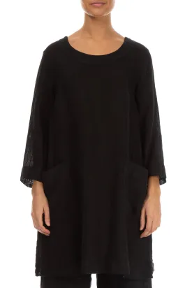 Two Pockets Black Gauze Linen Tunic