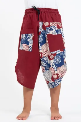 Two Tone Leaves Prints Kids Three Quarter Pants in Red