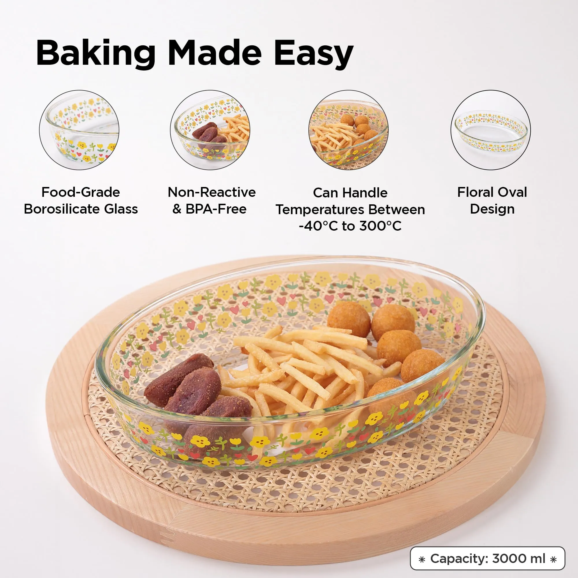 UMAI Borosilicate Printed Glass Baking Tray | Transparent Microwave Oven Safe Utensils | Oval Bread Moulds for Baking | Dishwasher Safe | Multipurpose Use Serving Tray (3 L)