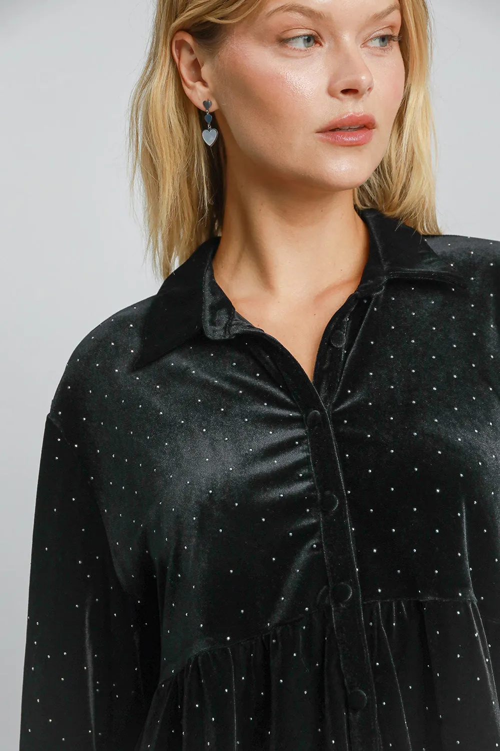 Umgee Shirt Blouse Women Black Velvet Polka Dot Button Up Half Sleeve