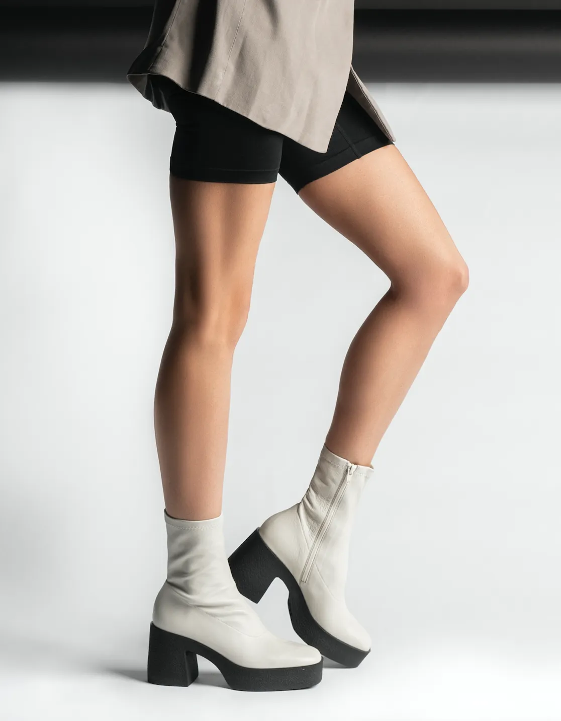 Umi Off White Stretch Leather Chunky Ankle Boots