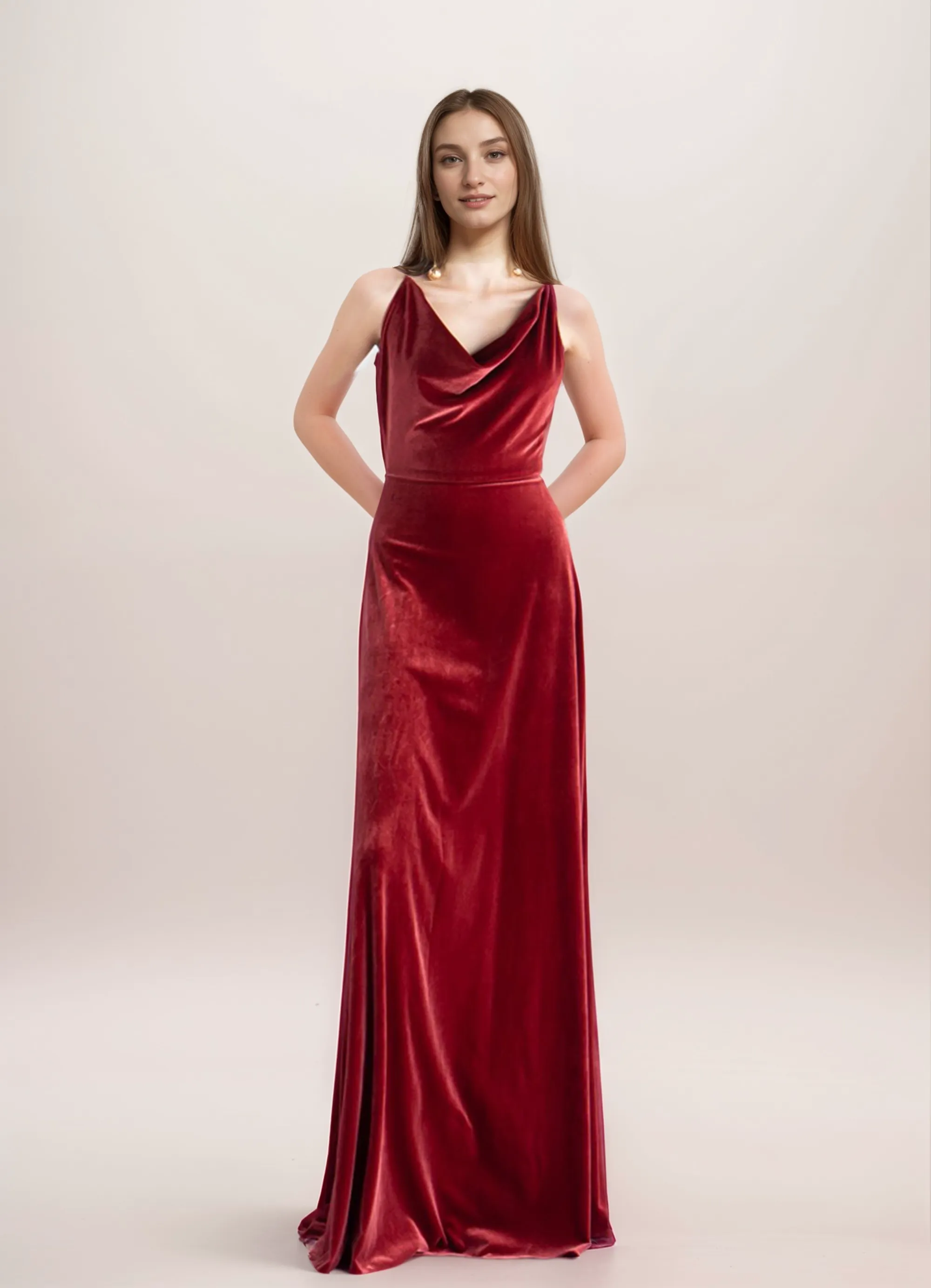 Unique back design draping neck sleeveless A-line velvet prom dress