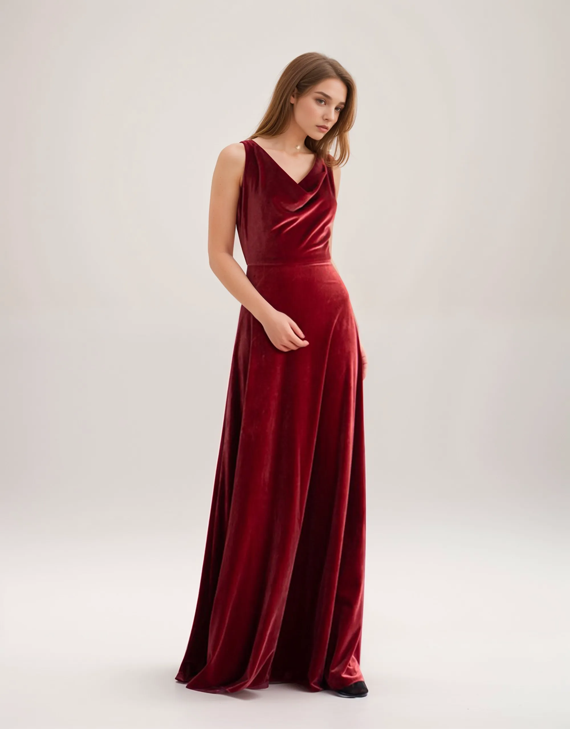 Unique back design draping neck sleeveless A-line velvet prom dress