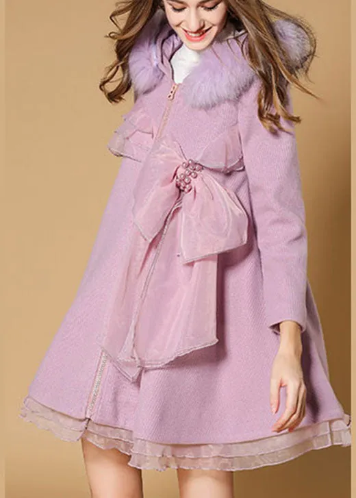 Unique Pink Pockets slim fit Fur collar Fall Woolen Coat