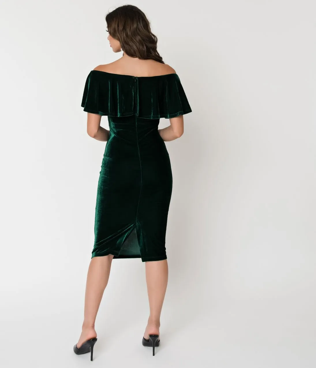 Unique Vintage Emerald Green Velvet Draped Off Shoulder Sophia Wiggle Dress