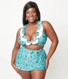 Unique Vintage Plus Size Teal Flower Child High Waist Skort Swim Bottom