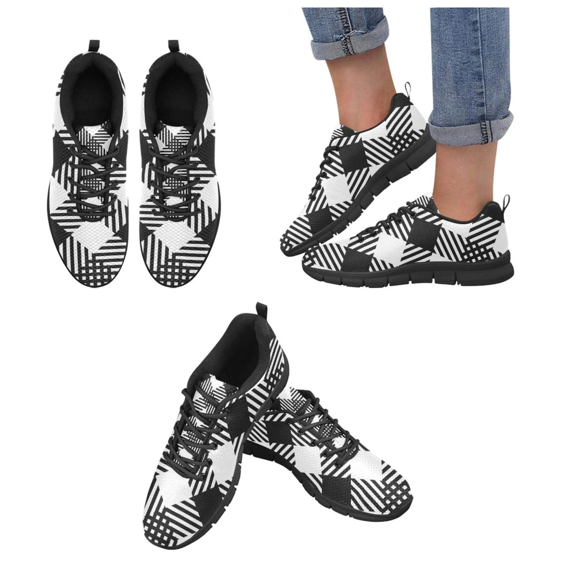 Uniquely You Sneakers for Women, Black and White Plaid Print - Running