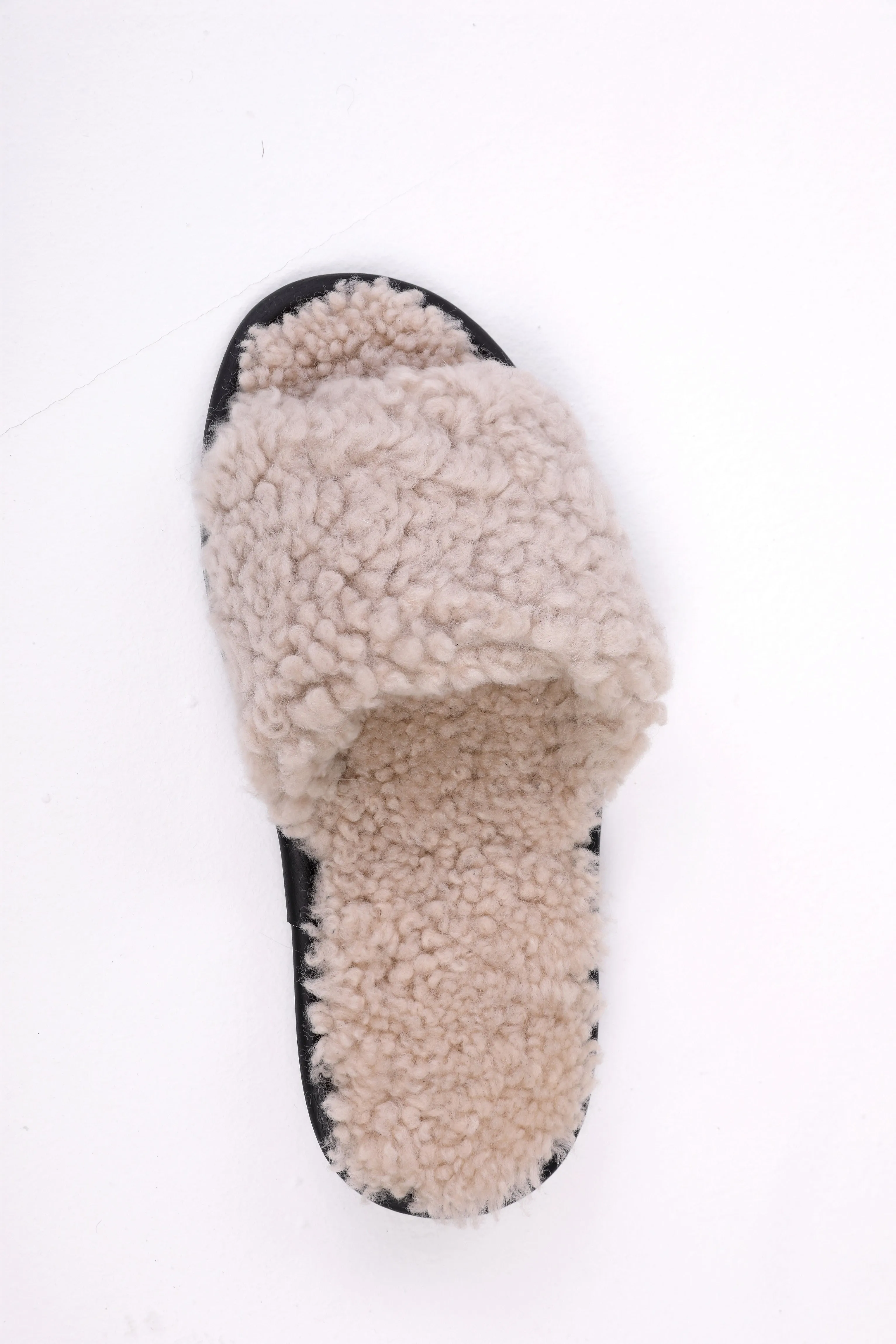 Unisex Open Toe Soft Sheepskin Slippers with Fur Lining in Beige Color