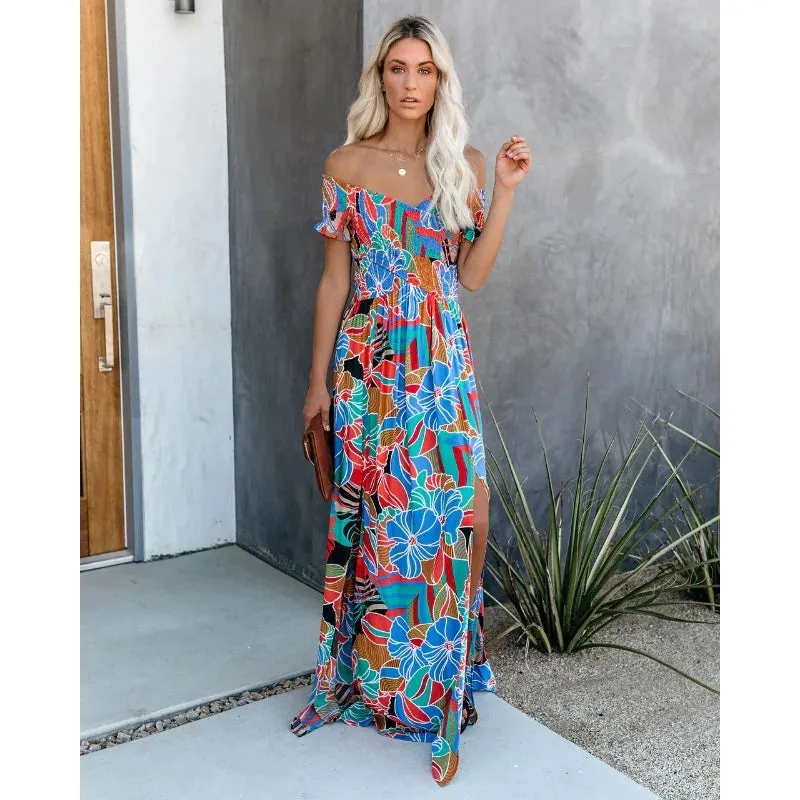 Uniwim The new one line neckline strapless waistband slit long bohemian dress, classic style, fashionable taste dresses